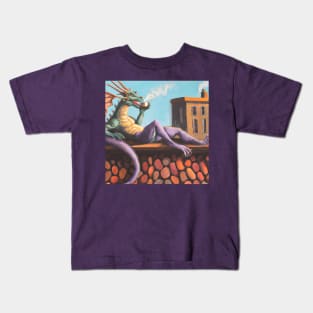 Green Purple Dragon Drinking Coffee Kids T-Shirt